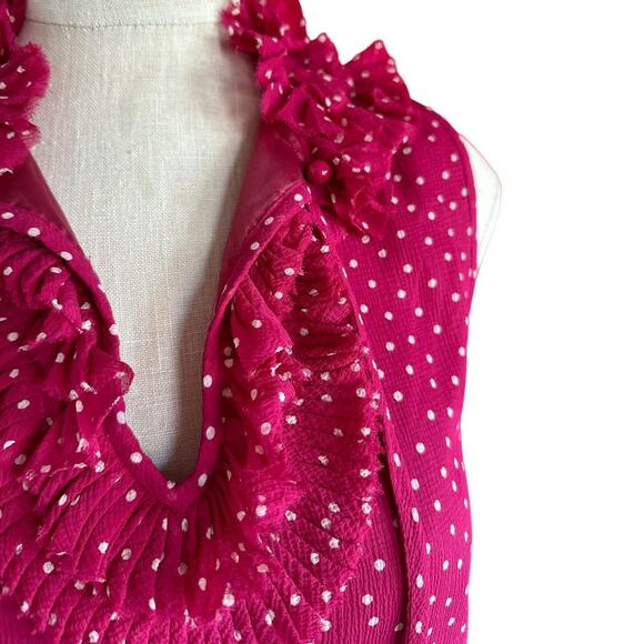 Womens Top Size XS Pink Polka Dot Ruffle Professional Work Office Girlhood Flowy - Picture 2 of 8